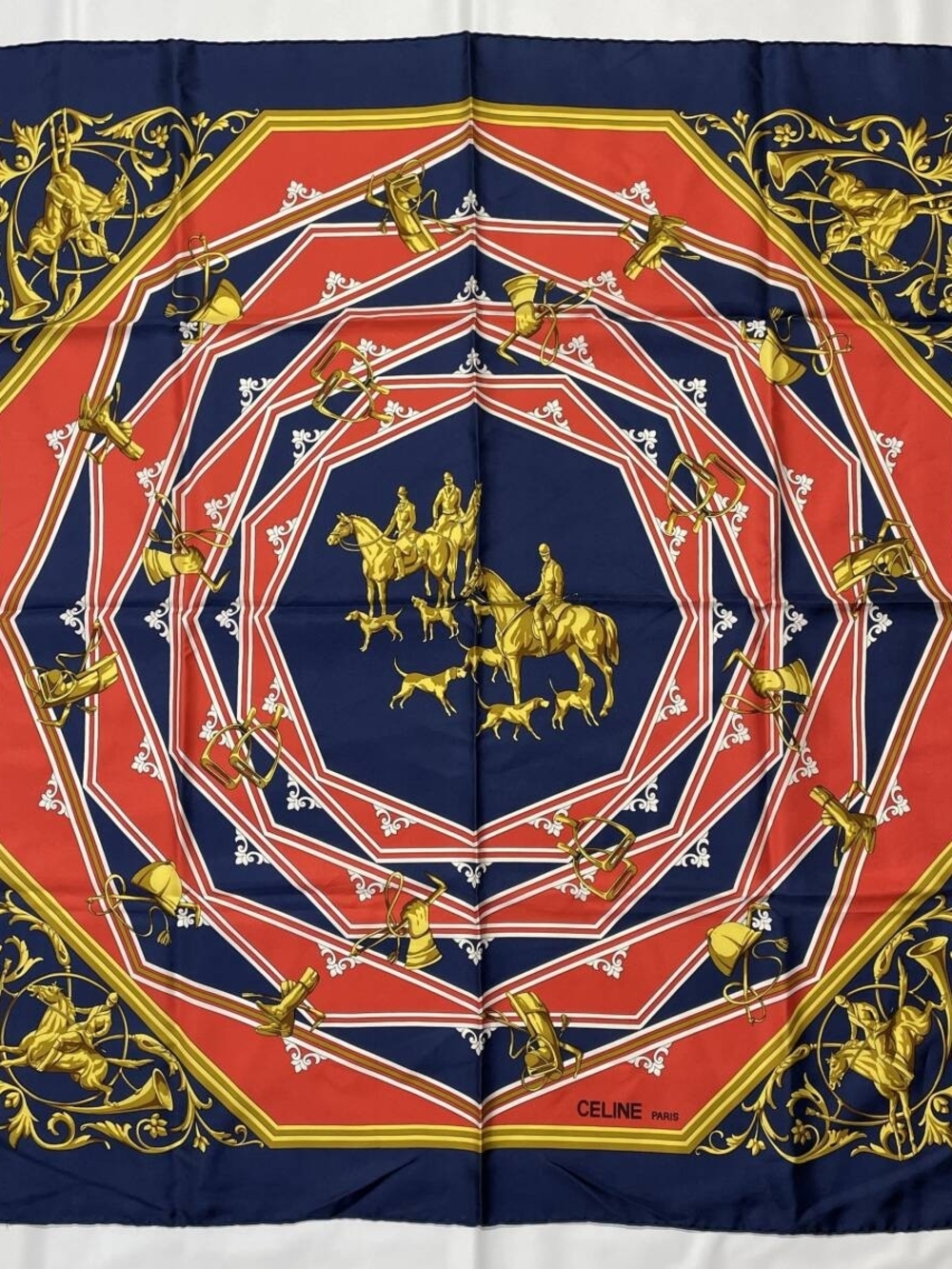 Celine Navy & Red Equestrian Silk Scarf